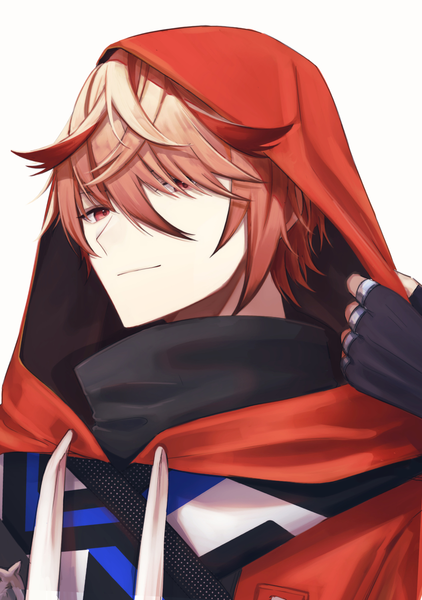 1boy absurdres black_gloves brown_hair closed_mouth commentary_request drawstring fingerless_gloves gloves hair_between_eyes hand_up highres hood hood_up hoodie looking_at_viewer male_focus multicolored_hair nijisanji peridot_(periperi_8) print_hoodie red_eyes red_hair red_hoodie seraph_dazzlegarden short_hair sidelocks smile solo streaked_hair upper_body virtual_youtuber white_background