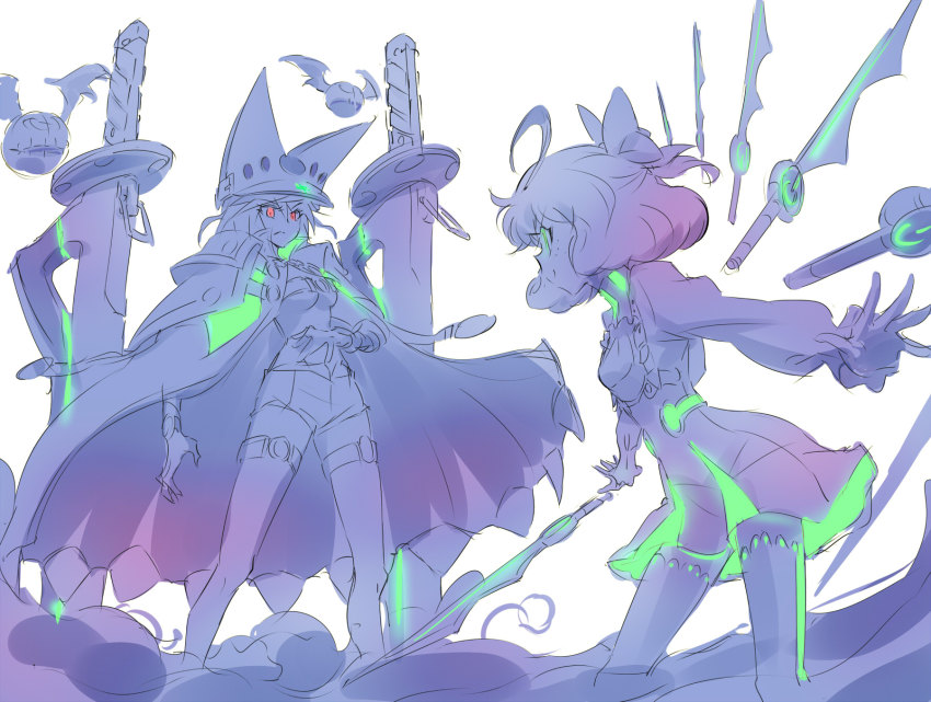2girls ahoge belt_bra bow cape copyright_request crossover freckles frown green_eyes guilty_gear guilty_gear_xrd hair_bow han_megumi hat highres iesupa limited_palette multiple_girls neon_trim penny_polendina power_symbol puffy_sleeves ramlethal_valentine red_eyes rwby voice_actor_connection smile sword thighhighs weapon zettai_ryouiki