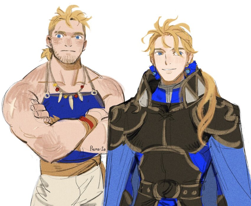 2boys blonde_hair blue_eyes blue_tank_top brothers cape commentary crossed_arms earrings edgar_roni_figaro english_commentary facial_hair final_fantasy final_fantasy_vi jewelry long_hair low_ponytail male_focus multiple_boys muscular muscular_male necklace ponytail prema-ja sabin_rene_figaro sash scar siblings smile tank_top waist_sash