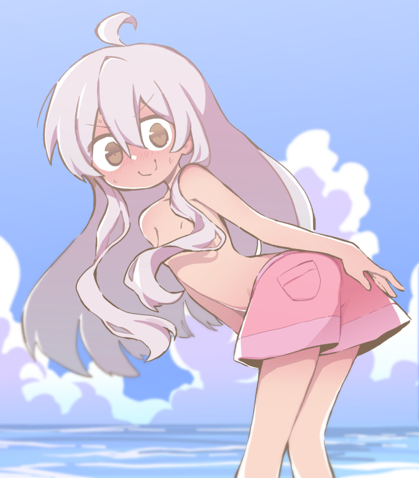 1girl ahoge ass bare_shoulders beach bent_over blurry blush breasts brown_eyes closed_mouth cloud cloudy_sky collarbone convenient_censoring day depth_of_field embarrassed feet_out_of_frame from_behind grey_hair hair_between_eyes hair_censor hair_over_breasts hair_over_shoulder hand_on_own_ass highres long_hair looking_at_viewer looking_back male_swimwear male_swimwear_challenge ocean onii-chan_wa_oshimai! orenjipiiru oyama_mahiro pink_male_swimwear pink_swim_trunks sidelocks sky small_breasts smile solo split_mouth standing straight_hair sweat swim_trunks swimsuit topless_female v-shaped_eyebrows very_long_hair
