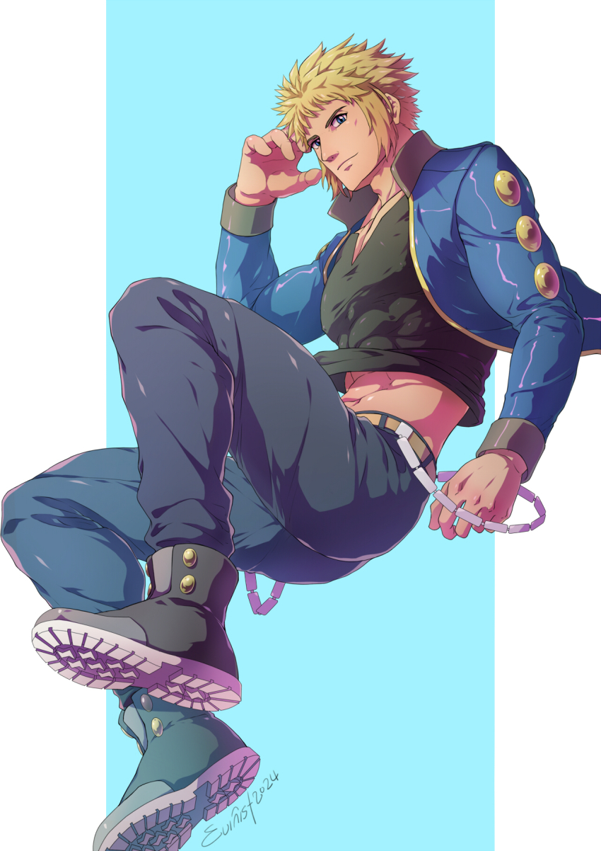 1boy bara belt black_pants black_shirt blonde_hair blue_eyes blue_jacket boots brown_belt closed_mouth evinist highres jacket large_pectorals male_focus muscular muscular_male nintendo open_clothes open_jacket pants pectorals pokemon pokemon_dppt shirt short_hair simple_background solo volkner_(pokemon)