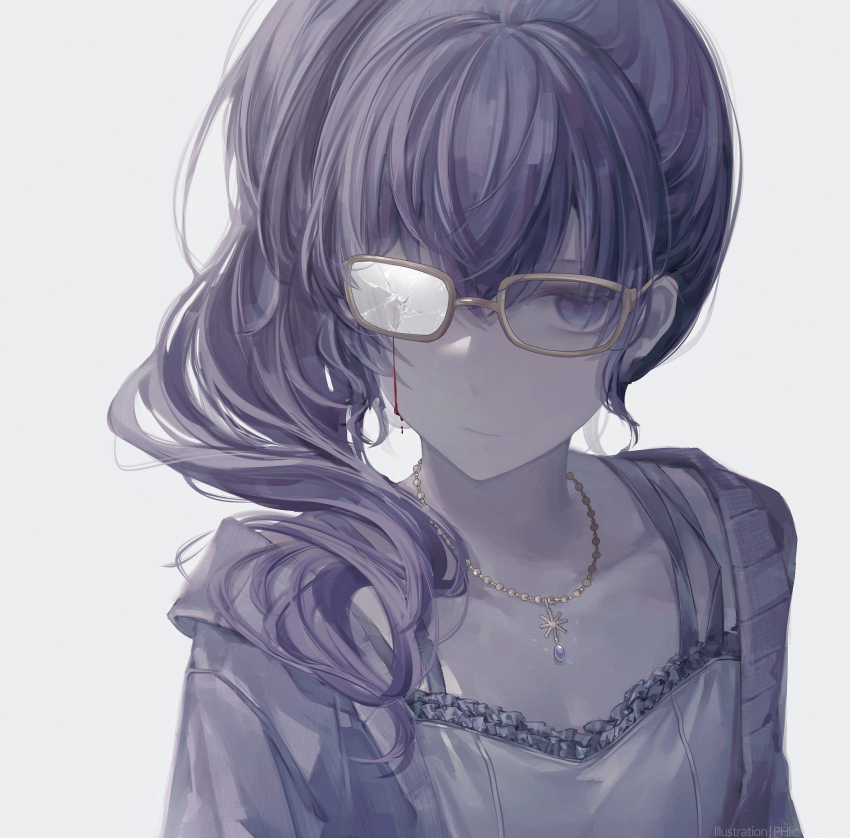 1girl absurdres asahina_mafuyu bleeding blood blood_on_face cardigan collarbone crossed_bangs dress expressionless frilled_dress frills gold_necklace highres jewelry long_hair looking_at_viewer necklace open_cardigan open_clothes phlic portrait project_sekai sidelocks simple_background solo soshite_ima_ribbon_wo_musunde_(project_sekai) upper_body white_background