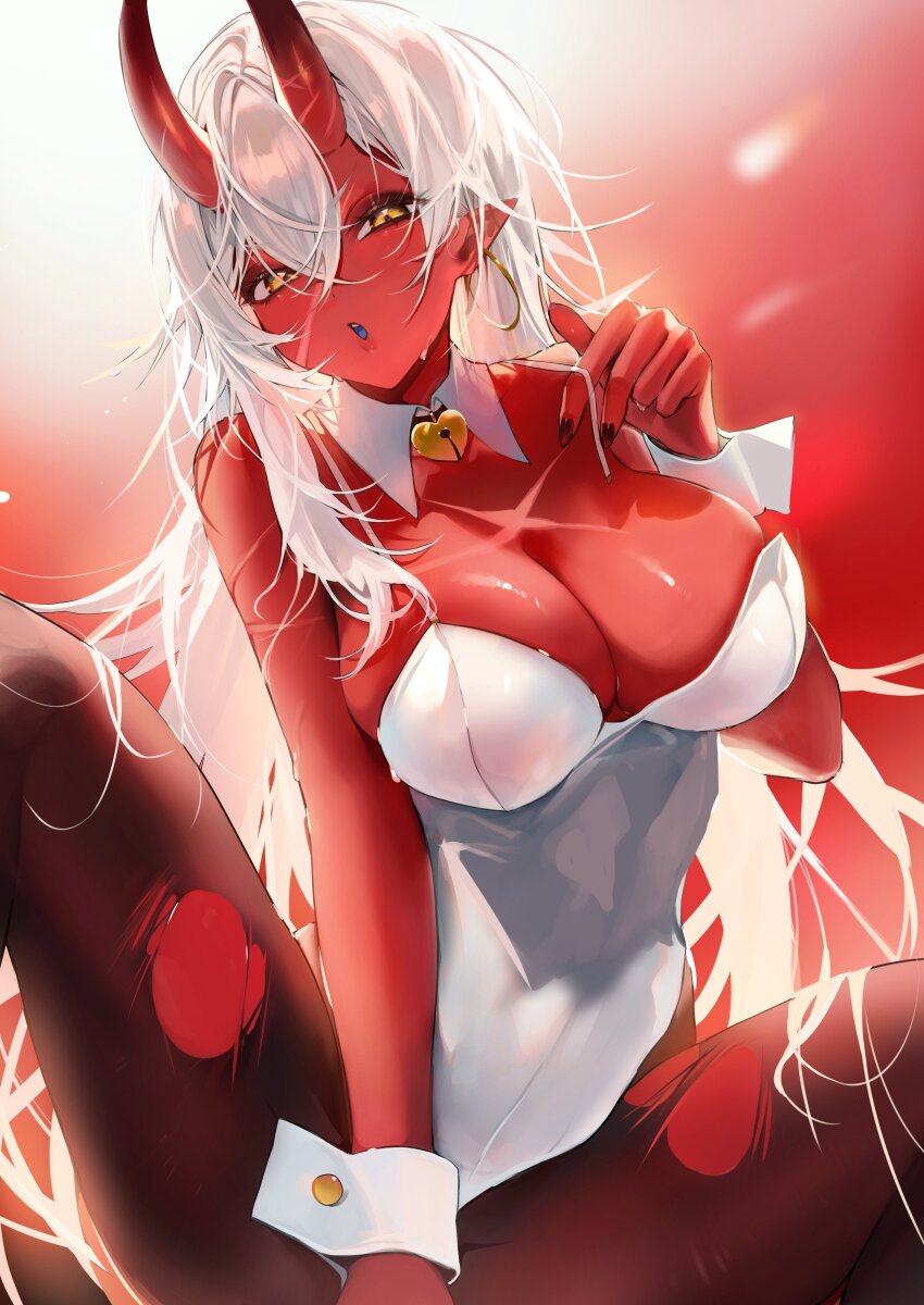 1girl absurdres akumi_(yoclesh) bell black_pantyhose blurry blurry_background breasts cleavage colored_skin commentary cross_scar detached_collar earrings hair_between_eyes highleg highleg_leotard highres hoop_earrings horns indie_virtual_youtuber jewelry jingle_bell large_breasts leotard long_hair looking_at_viewer mayutsuba_mono nontraditional_playboy_bunny oni pantyhose parted_lips playboy_bunny pointy_ears red_nails red_oni red_skin scar skin-covered_horns leotard solo spread_legs strap_pull torn_clothes torn_pantyhose virtual_youtuber white_hair white_leotard wing_collar wrist_cuffs yellow_eyes