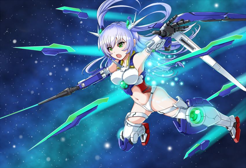 00_qan[t] 1girl armor bit_(gundam) blue_hair breasts commentary daiichi_(k_daiiti) green_eyes gundam gundam_00 gundam_00_a_wakening_of_the_trailblazer highres holding holding_sword holding_weapon light_particles long_hair mecha_musume medium_breasts multiple_swords navel shield sidelocks sky solo space star_(sky) starry_sky sword two_side_up weapon