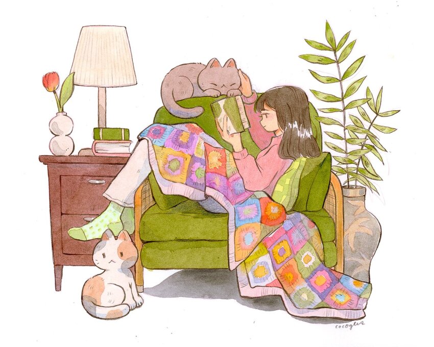 1girl animal arms_up artist_name black_hair book calico_(pattern) cat coco_glez couch flower green_socks hand_on_another&#039;s_head holding holding_book lamp long_hair on_couch original pillow pink_sweater plaid plant reading red_flower red_tulip smile socks sweater tulip vase