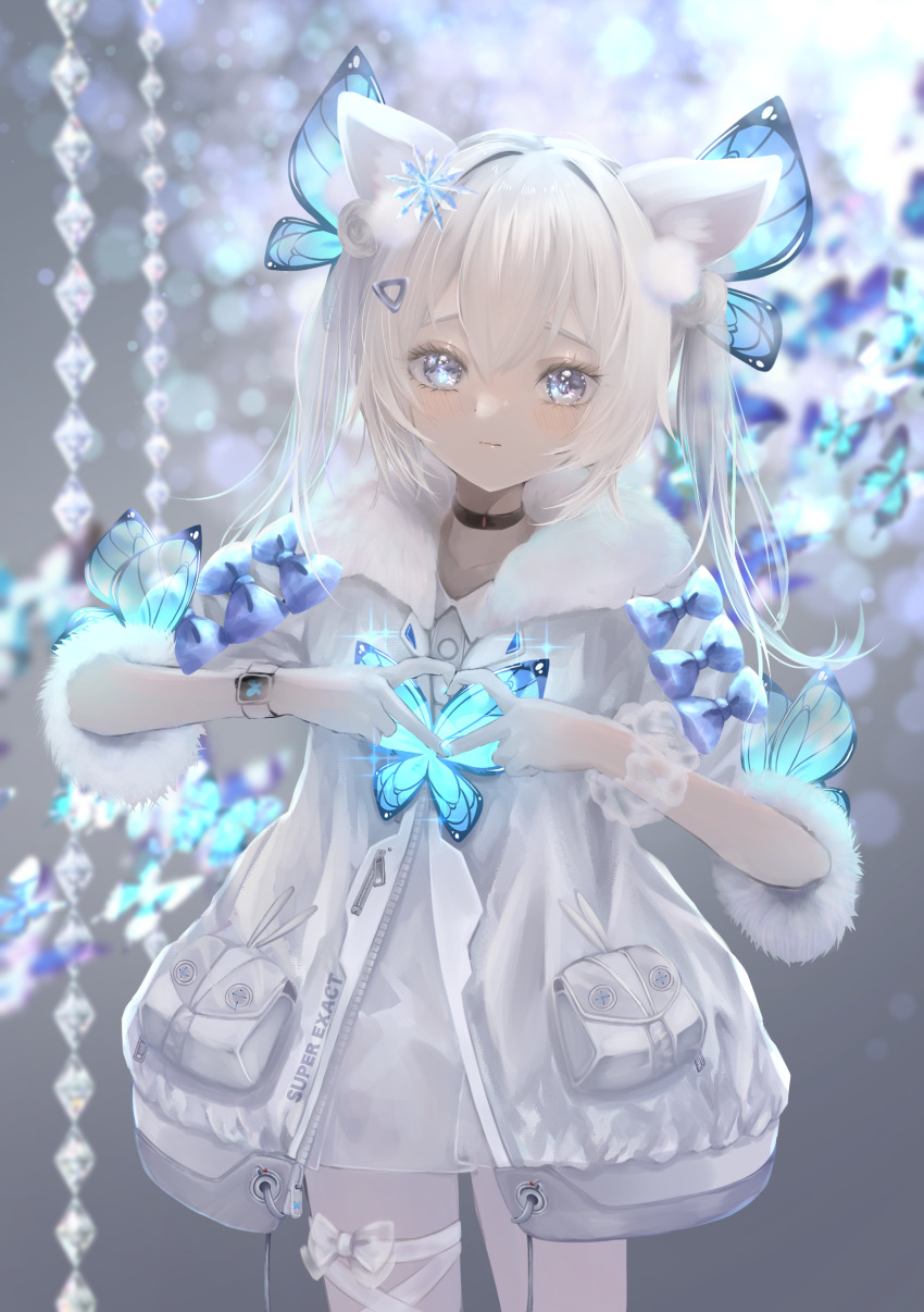 1girl absurdres animal_ear_fluff animal_ears black_choker blue_eyes blue_nails butterfly_hair_ornament child choker cowboy_shot double_bun dress expressionless fake_animal_ears fur-trimmed_jacket fur-trimmed_sleeves fur_trim goddess_of_victory:_nikke hair_between_eyes hair_bun hair_ornament hamuhanama heart heart_hands highres hood hooded_jacket jacket light_blush n102_(miracle_fairy)_(nikke) n102_(nikke) nail_polish official_alternate_costume ribbon scrunchie shoes short_sleeves short_twintails sneakers twintails white_dress white_footwear white_hair wrist_scrunchie