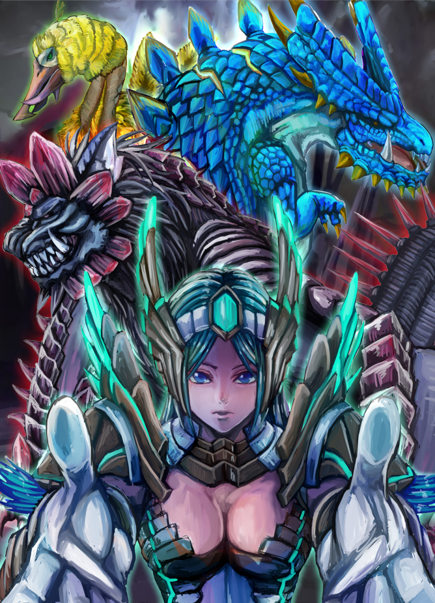 1girl armor breasts capcom cleavage farunokku giaorugu green_hair highres houhokekyo mi_ru monster monster_hunter_(series) monster_hunter_frontier wings xiang_tien_(armor)