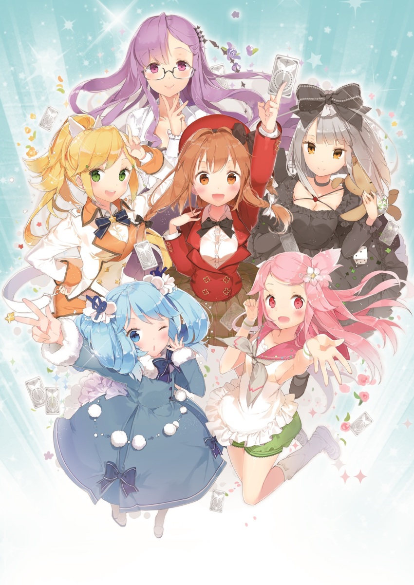 6+girls :d akari_(fantasista_doll) anmi black-framed_eyewear black_bow black_dress black_neckwear blonde_hair blue_dress blue_eyes blue_hair bow bowtie breasts brown_eyes brown_hair choker cleavage closed_mouth dress fantasista_doll flower glasses green_eyes grey_choker grey_hair hair_bow hair_flower hair_ornament hair_ribbon hand_on_own_hip hand_up hat highres holding jacket katia_(fantasista_doll) long_hair long_sleeves looking_at_viewer madeleine_(fantasista_doll) multiple_girls one_eye_closed open_mouth pink_eyes pink_flower pink_hair pink_rose pink_sailor_collar ponytail purple_eyes purple_hair purple_ribbon red_hat red_jacket ribbon rose sailor_collar sasara_(fantasista_doll) school_uniform serafuku shimeji_(fantasista_doll) shirt shoes short_hair smile socks twintails uno_uzume white_dress white_flower white_footwear white_jacket white_legwear white_shirt