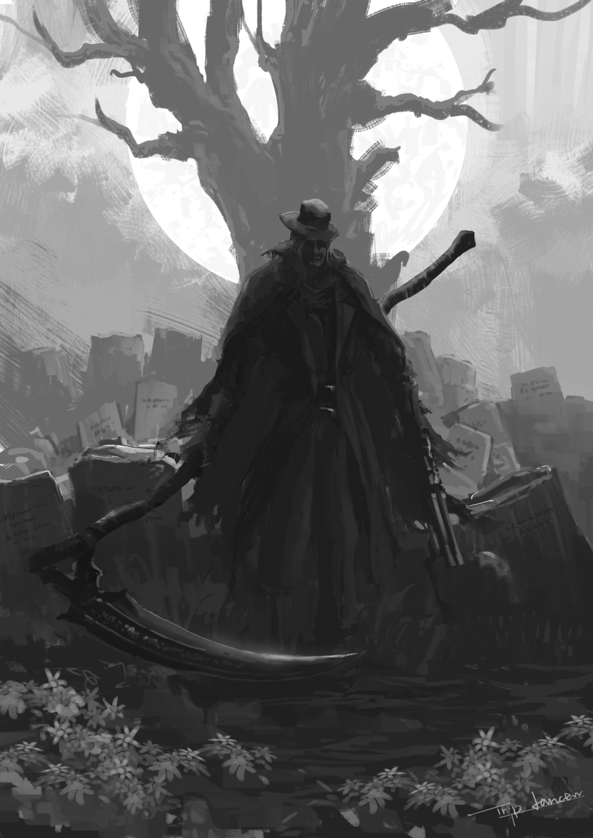 1boy artist_name bare_tree black_coat bloodborne cape cloak coat field flower flower_field fromsoftware full_moon gehrman_the_first_hunter greyscale gun hat highres holding holding_gun holding_scythe holding_weapon huge_moon huge_weapon male_focus monochrome moon moon_behind_head outdoors pants scythe signature solo standing tombstone top_hat tree tripdancer weapon