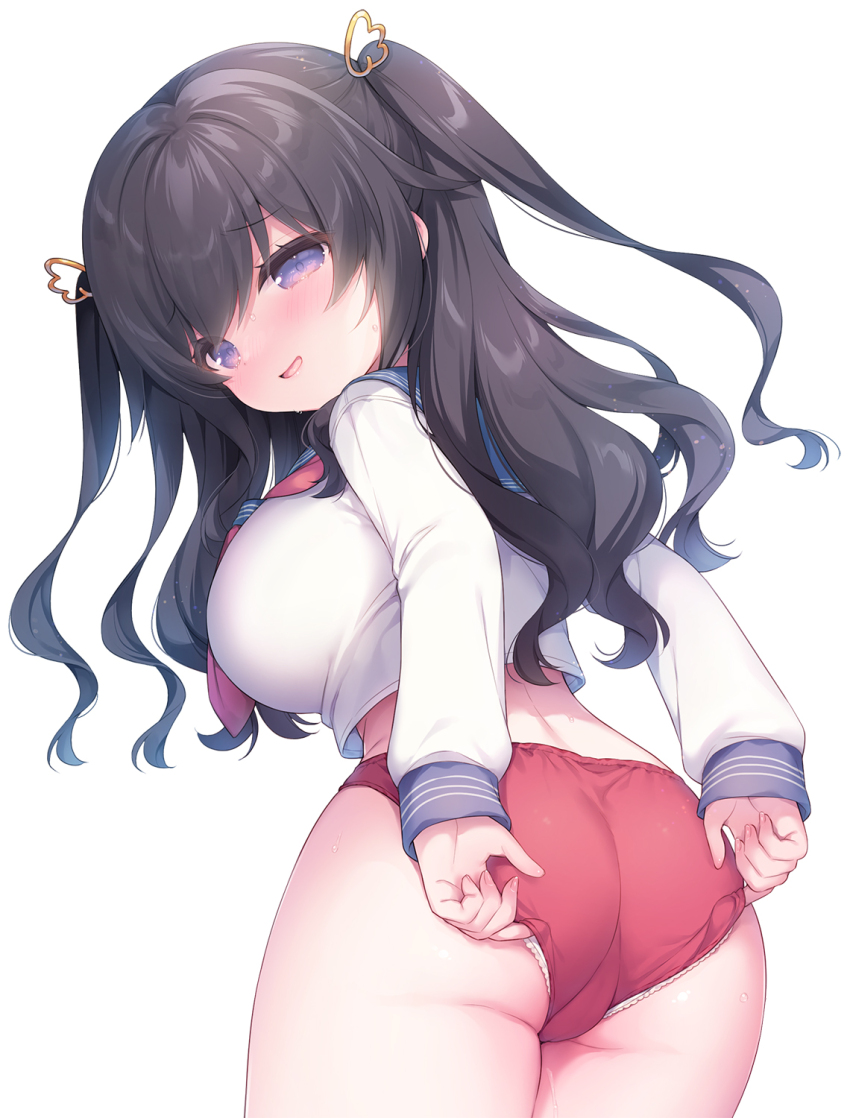 1girl adjusting_clothes ass black_hair breasts buruma commentary_request highres large_breasts long_hair long_sleeves looking_at_viewer looking_back original panties purple_eyes school_uniform shirt simple_background solo two_side_up underwear usashiro_mani white_background