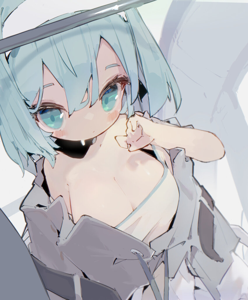 1girl absurdres aqua_eyes aqua_hair black_collar blush_stickers breasts cleavage closed_mouth collar dress from_above grey_jacket hair_between_eyes hairband hand_up highres jacket large_breasts looking_at_viewer nep_(nep_76) open_clothes open_jacket original solo upper_body white_dress white_hairband