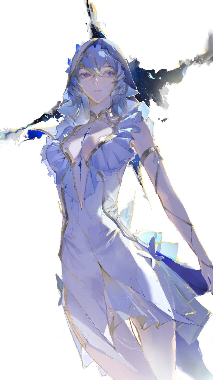1girl armlet backlighting bare_arms blue_hair breasts breasts_apart chest_tattoo closed_mouth cowboy_shot crossed_bangs double-parted_bangs dress expressionless facing_viewer frilled_dress frills gold_armlet gusoyugo highres jewelry looking_to_the_side medium_breasts medium_hair nose painterly plunging_neckline purple_eyes shorekeeper_(wuthering_waves) short_dress simple_background sleeveless sleeveless_dress solo standing tattoo thigh_gap veil white_background white_dress white_veil wuthering_waves