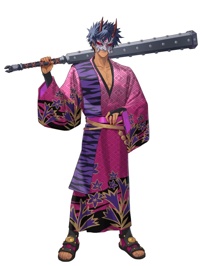 1boy absurdres artist_request black_hair club_(weapon) dark-skinned_male dark_skin full_body highres holding holding_club holding_weapon horns japanese_clothes kai_(rune_factory) kimono male_focus mask official_art oni purple_kimono red_eyes rune_factory rune_factory:_guardians_of_azuma sandals sash short_hair simple_background solo standing transparent_background weapon white_background