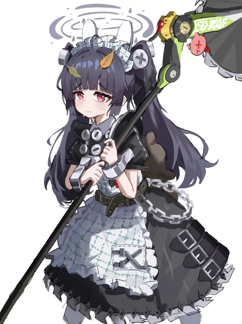 1girl absurdres animal_ears apron black_dress black_hair blue_archive blunt_bangs blunt_ends blush closed_mouth corin_wickes corin_wickes_(cosplay) cosplay dress fake_animal_ears feet_out_of_frame frilled_apron frills frown grey_halo hair_intakes halo hands_up highres hime_cut holding holding_weapon leaf leaf_on_head long_hair looking_at_viewer maid maid_headdress miyu_(blue_archive) puffy_short_sleeves puffy_sleeves rabbit_ears red_eyes short_sleeves sidelocks simple_background solo standing thick_eyebrows twintails waist_apron weapon white_apron white_background xiaoxiaoyifan zenless_zone_zero
