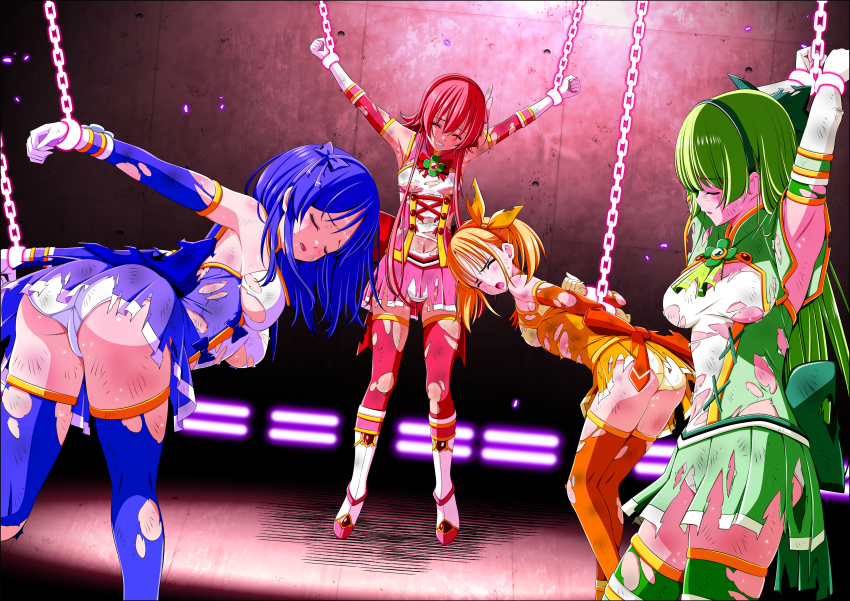 4girls absurdres abuse arched_back arms_behind_back arms_up back_bow bad_end beaten bent_over blue_dress blue_hair blue_hairband blush body_blush boots bound bound_wrists bow breasts bruise bruise_on_arm bruise_on_face bruise_on_leg bruise_on_stomach capelet captured chain choppy_bangs clenched_teeth closed_eyes clover clover_cobalt clover_leaf clover_mari clover_rose dark dark_blue_hair defeat detached_sleeves dirty dirty_clothes dirty_face dress fainted flower four-leaf_clover gloves glowing_chain green_capelet green_dress green_hair green_hairband hair_between_eyes hairband hanging hanging_from_ceiling hanging_legs hasumi_ren_(clover_rose) highres indoors injury koeda0111 lace lace-trimmed_dress lace_trim large_bow long_hair magical_girl medium_breasts medium_hair miniskirt multicolored_dress multicolored_skirt multiple_girls navel open_mouth orange_dress orange_hairband orange_thighhighs original outstretched_arms pain panties pantyshot parted_lips peril pink_dress pink_eyes pink_hair pleated_skirt red_hairband restrained ryona shimono_aoi short_dress sidelocks skirt slave sleeveless sleeveless_dress slim_legs small_breasts spread_arms strapless strapless_dress suspension teeth tendou_erika thighhighs tied_up_(nonsexual) torn torn_bow torn_capelet torn_clothes torn_skirt torn_thighhighs tube_dress unconscious underwear utsugi_chisaki violence white_panties yellow_panties yotsuba_no_senki_clover_rose zettai_ryouiki