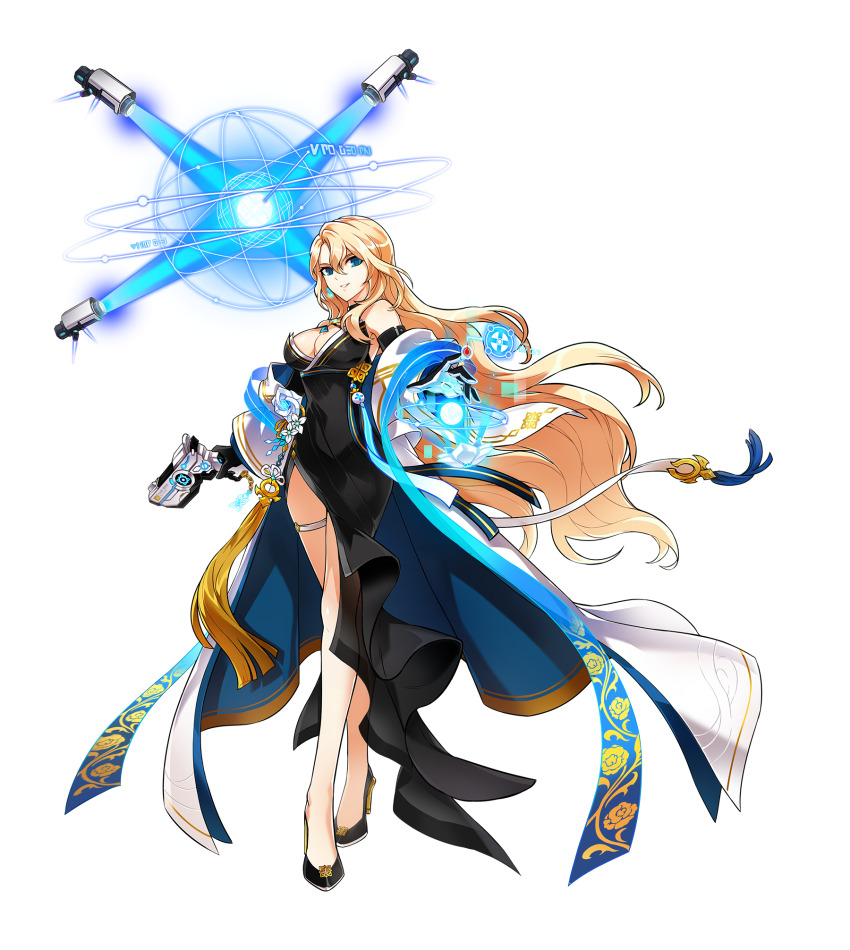 1girl arm_belt artist_request bare_shoulders belt belt_buckle black_belt black_dress black_gloves black_shoes blonde_hair blue_eyes breasts buckle cleavage closed_mouth detached_sleeves dot_nose dress elsword fighting_stance floating_clothes floral_print full_body gloves gun hair_between_eyes handgun high_heels highres holding holding_gun holding_weapon jewelry large_breasts long_dress long_hair long_sleeves looking_at_viewer magic multiple_belts necklace official_alternate_costume official_art outstretched_hand robot rose_(elsword) rose_print second-party_source see-through_clothes shoes single_sidelock sleeveless sleeveless_dress smile solo standing tachi-e thigh_belt thigh_strap very_long_hair wavy_hair weapon white_belt white_sleeves wide_sleeves