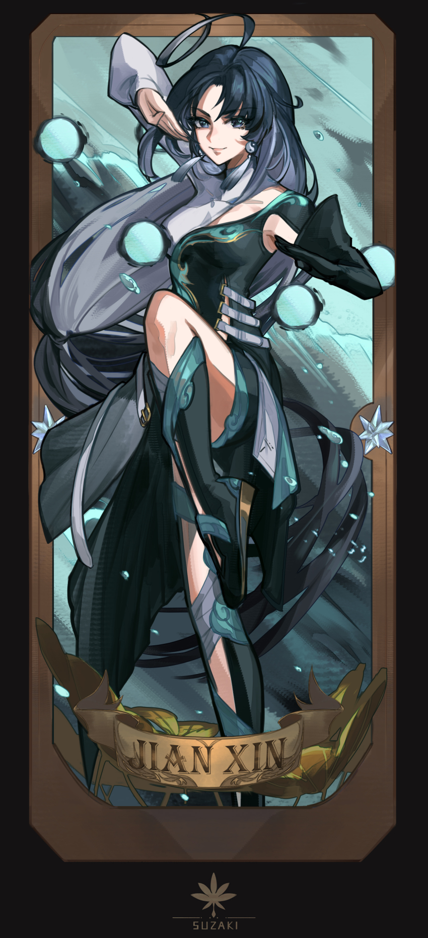 1girl absurdres ahoge artist_logo black_eyes black_hair black_shirt breasts card_(medium) character_name closed_mouth commentary earrings hand_up highres huge_ahoge jewelry jianxin_(wuthering_waves) large_breasts leg_up logo long_hair looking_at_viewer shirt smile solo steve_zheng thighs two-tone_shirt very_long_hair white_hair white_shirt wuthering_waves