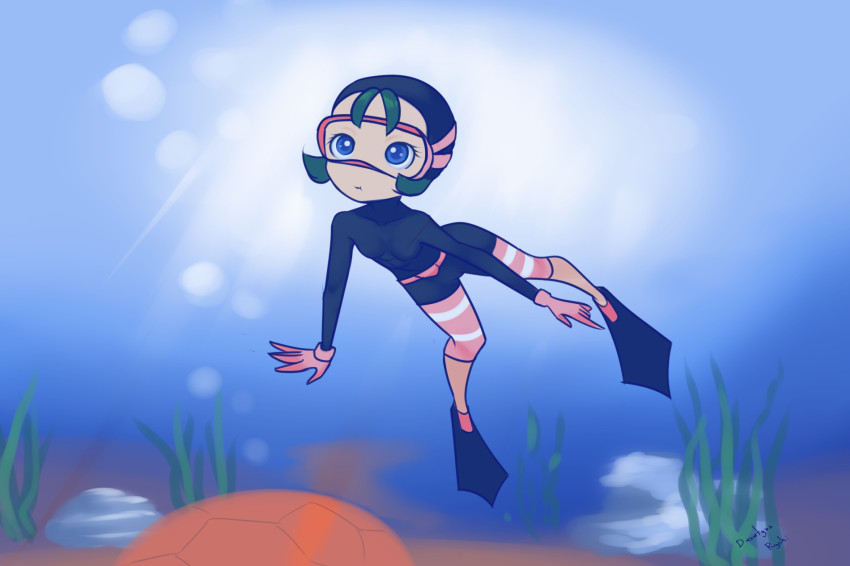 1girl belt black_bodysuit black_footwear blue_eyes bodysuit bubble diving_mask diving_suit drantyno flat_chest flippers free_diver_(pokemon) gloves goggles green_hair highres kelp light_rays nintendo pink_belt pink_gloves pokemon pokemon_oras short_hair sunbeam sunlight swimming underwater wetsuit