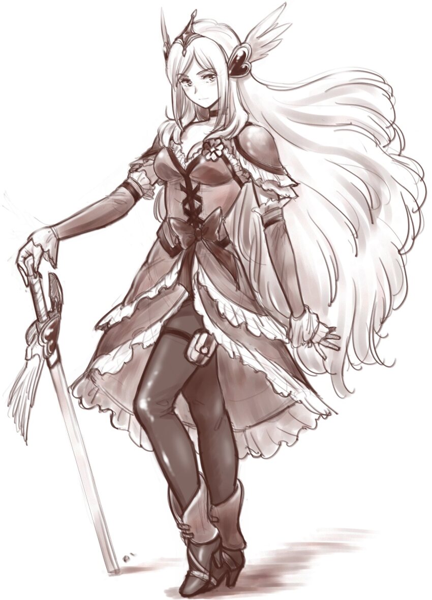 1girl boots bow choker cure_passion detached_sleeves dress_bow fresh_precure! frilled_sleeves frills full_body hair_ornament higashi_setsuna high-low_skirt high_heel_boots high_heels highres kogawa_masayoshi long_hair looking_at_viewer magical_girl monochrome pantyhose planted planted_sword planted_weapon precure sepia shoulder_pads solo standing sword tiara very_long_hair weapon wing_hair_ornament