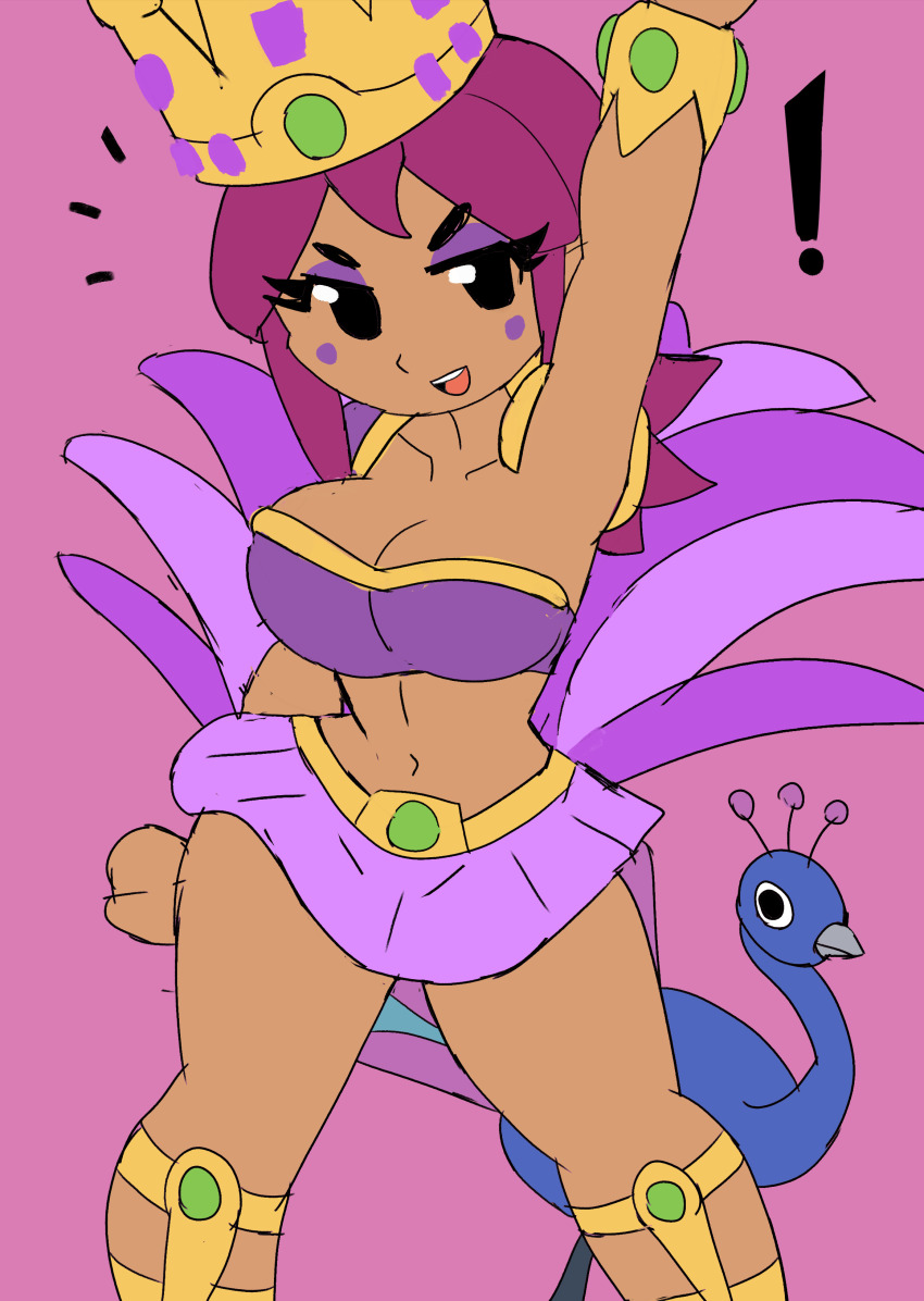 ! 1girl absurdres alien animal arm_up armor belt bikini bird black_eyes blush boots bracer breasts cartoon_network cleavage collarbone colored_skin crown dancer dc_comics eyeshadow feathers gold_belt gold_boots highres large_breasts long_hair looking_at_viewer makeup navel open_mouth orange_skin peacock pink_background purple_armor purple_bikini purple_skirt red_hair samba shoulder_armor sketch skirt smile standing starfire swimsuit teen_titans teeth thick_thighs thighs tony_welt wide_hips