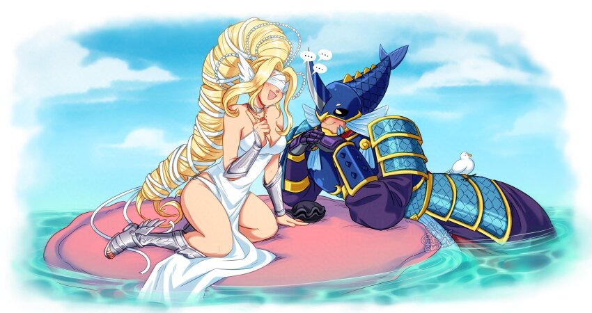 ... 1boy 1girl bare_shoulders bechno_kid blindfold blonde_hair blush breasts cleavage digimon digimon_(creature) digimon_story:_time_stranger dress highres large_breasts long_hair merman monster_boy neptunemon partially_submerged signature speech_bubble strapless strapless_dress venusmon water white_dress
