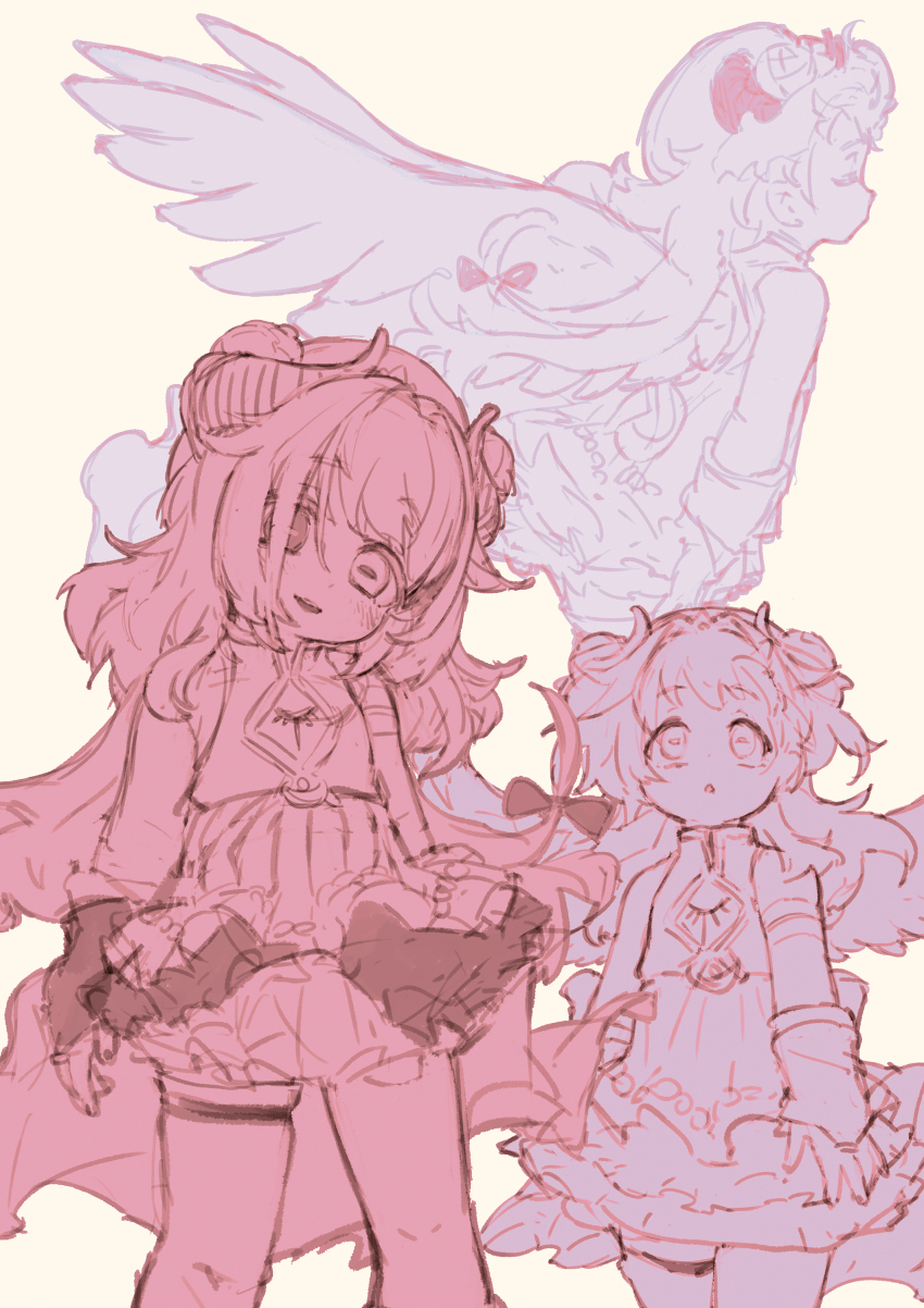 1girl :o absurdres amaryllis_gumi arm_warmers blush closed_eyes demon_girl feet_out_of_frame feral_lemma flower hair_flower hair_ornament head_tilt heterochromia high-waist_skirt highres horizontal_pupils horns layered_skirt leaning_forward long_hair looking_at_viewer looking_up multiple_monochrome multiple_views open_mouth profile simple_background skirt smile standing thigh_strap vest virtual_youtuber wings yotsutsuji_mayoi