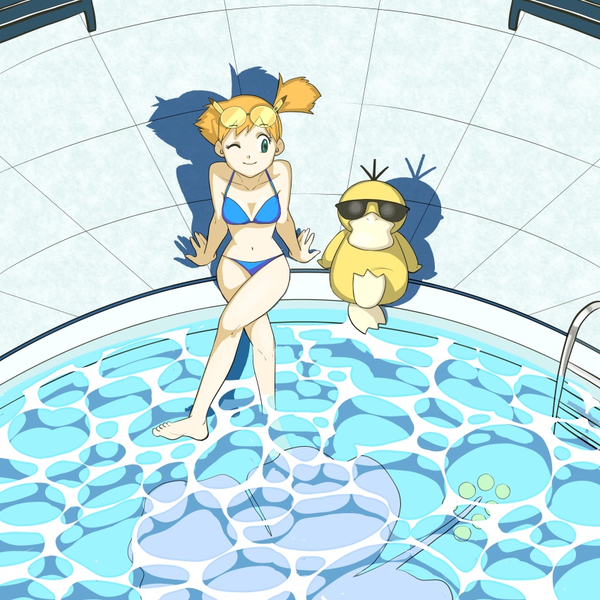1girl absurdres adapted_costume armpits asymmetrical_hair bare_legs bikini blue_bikini breasts cowboy_shot eyelashes female_focus gen_1_pokemon green_eyes gym_leader hair_tie highres legs medium_breasts misty_(pokemon) navel nintendo one_eye_closed orange_hair pokemon pokemon_(anime) pokemon_(classic_anime) ponytail pool psyduck shirt short_hair shorts side_ponytail solo sunglasses swimsuit thighs water wink