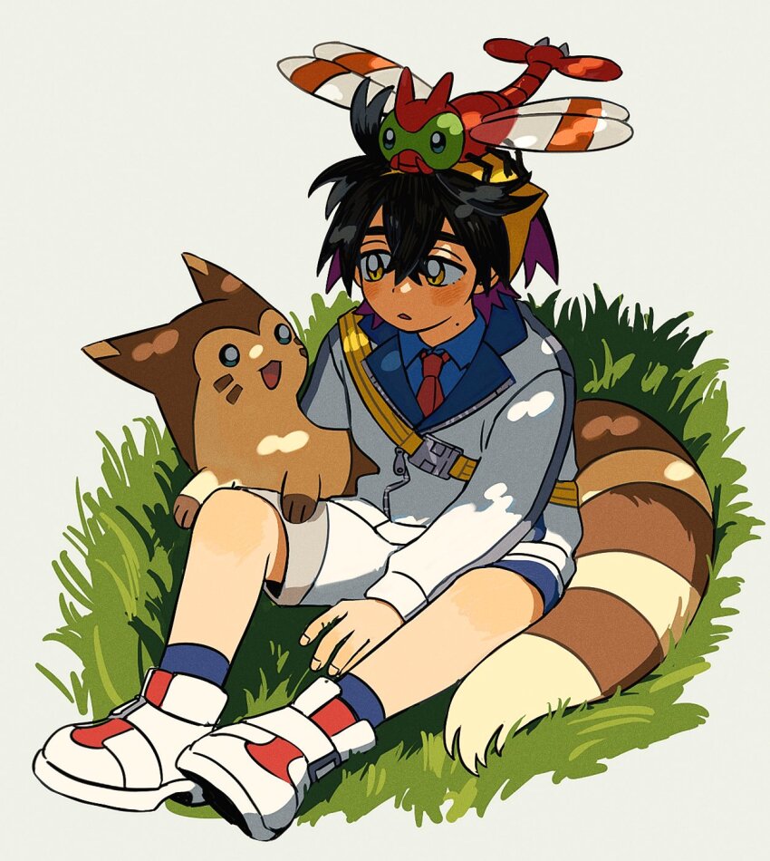 1boy 2hyu_00 black_hair blue_shirt blue_socks collared_shirt crossed_bangs full_body furret gen_2_pokemon grass hairband highres jacket kieran_(pokemon) long_sleeves male_focus mole mole_on_neck nintendo on_head open_mouth pokemon pokemon_(creature) pokemon_on_head pokemon_sv purple_hair shirt shoes shorts simple_background sitting socks white_footwear white_jacket white_shorts yanma yellow_eyes yellow_hairband