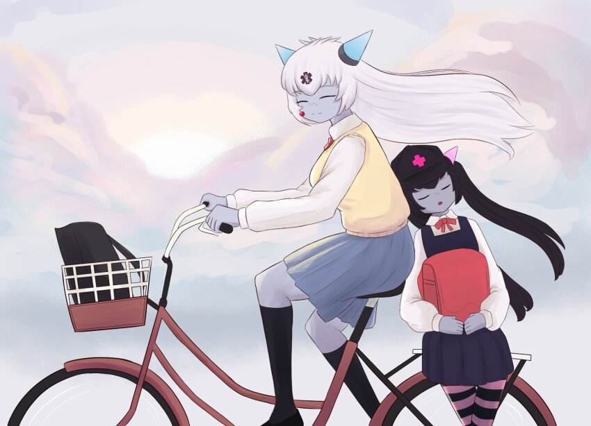 2girls backpack bag baseball_cap bicycle bicycle_basket black_hair black_hat black_socks blue_dress blue_horns blue_skirt breasts chrome_(mon-musu_quest!) closed_eyes closed_mouth colored_skin contemporary cross demon_girl dress from_side grey_skin hair_between_eyes hat highres holding holding_bag horns la_croix long_hair long_sleeves mon-musu_quest! multiple_girls neck_ribbon necktie nykaani open_mouth pink_horns pink_thighhighs purple_thighhighs randoseru red_cross red_necktie red_ribbon ribbon riding riding_bicycle school_bag shirt siblings simple_background sisters skirt socks star_of_life striped_clothes striped_thighhighs sweater_vest thighhighs twintails very_long_hair white_hair white_shirt yellow_sweater_vest