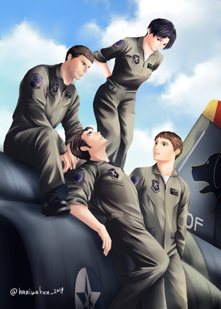 1girl 3boys ace_combat ace_combat_5 aircraft airplane alvin_h_davenport artist_name black_hair blaze_(ace_combat) boots brown_hair cloud cloudy_sky day emblem f-5_freedom_fighter facial_hair fighter_jet haniwakun_2019 hans_grimm highres insignia kei_nagase military military_vehicle multiple_boys open_mouth osean_flag outdoors patch pilot pilot_suit short_hair sitting sky sleeves_rolled_up twitter_username wardog_squadron