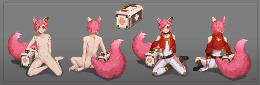 1girl animal_ears ass bare_shoulders barefoot belt black_belt blush breasts collarbone cropped_jacket d-rex facial_mark female_pubic_hair fox_ears fox_girl fox_tail heart-shaped_pubic_hair highres jacket medium_breasts multiple_views nail_polish nipples open_clothes open_jacket original pants pink_hair pubic_hair pussy red_jacket shaped_pubic_hair shoes short_hair tail toenail_polish toenails whisker_markings white_pants