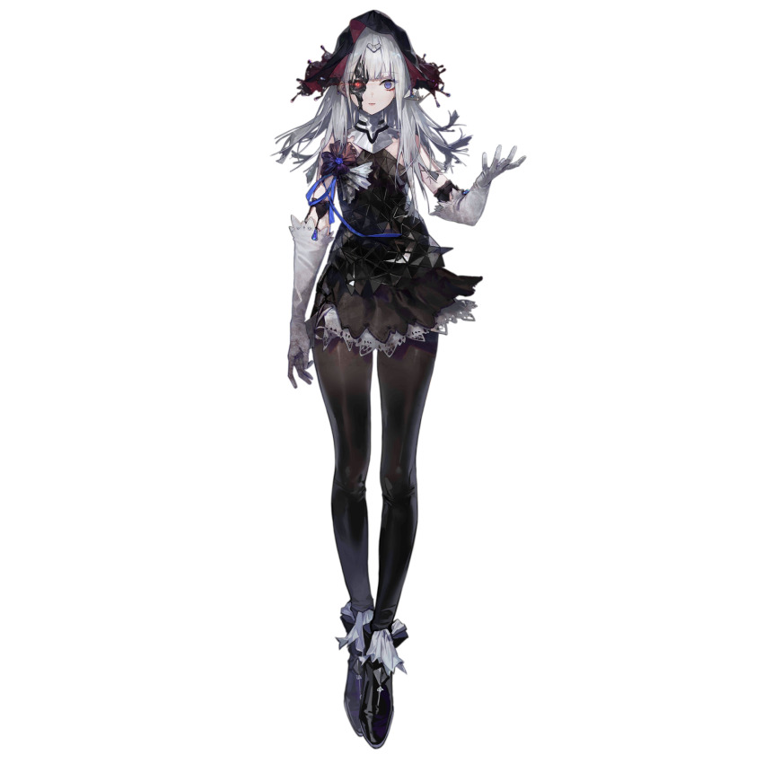 1girl ankle_boots artificial_eye artist_request bare_shoulders black_boots black_dress black_pantyhose black_veil blue_eyes blue_ribbon boots closed_mouth cyborg dirty dirty_clothes dress elbow_gloves expressionless eyeshadow full_body girls&#039;_frontline glove_garter gloves hair_ornament hand_up headgear heterochromia highres layered_dress long_hair looking_at_viewer makeup mechanical_eye nyto_(girls&#039;_frontline) official_art open_hand pantyhose paradeus red_eyes red_eyeshadow ribbon sana_(boss)_(girls&#039;_frontline) sana_(girls&#039;_frontline) shoulder_ribbon simple_background solo spoilers third-party_source torn_skin transparent_background triangular_pattern usekh_collar veil white_gloves white_hair