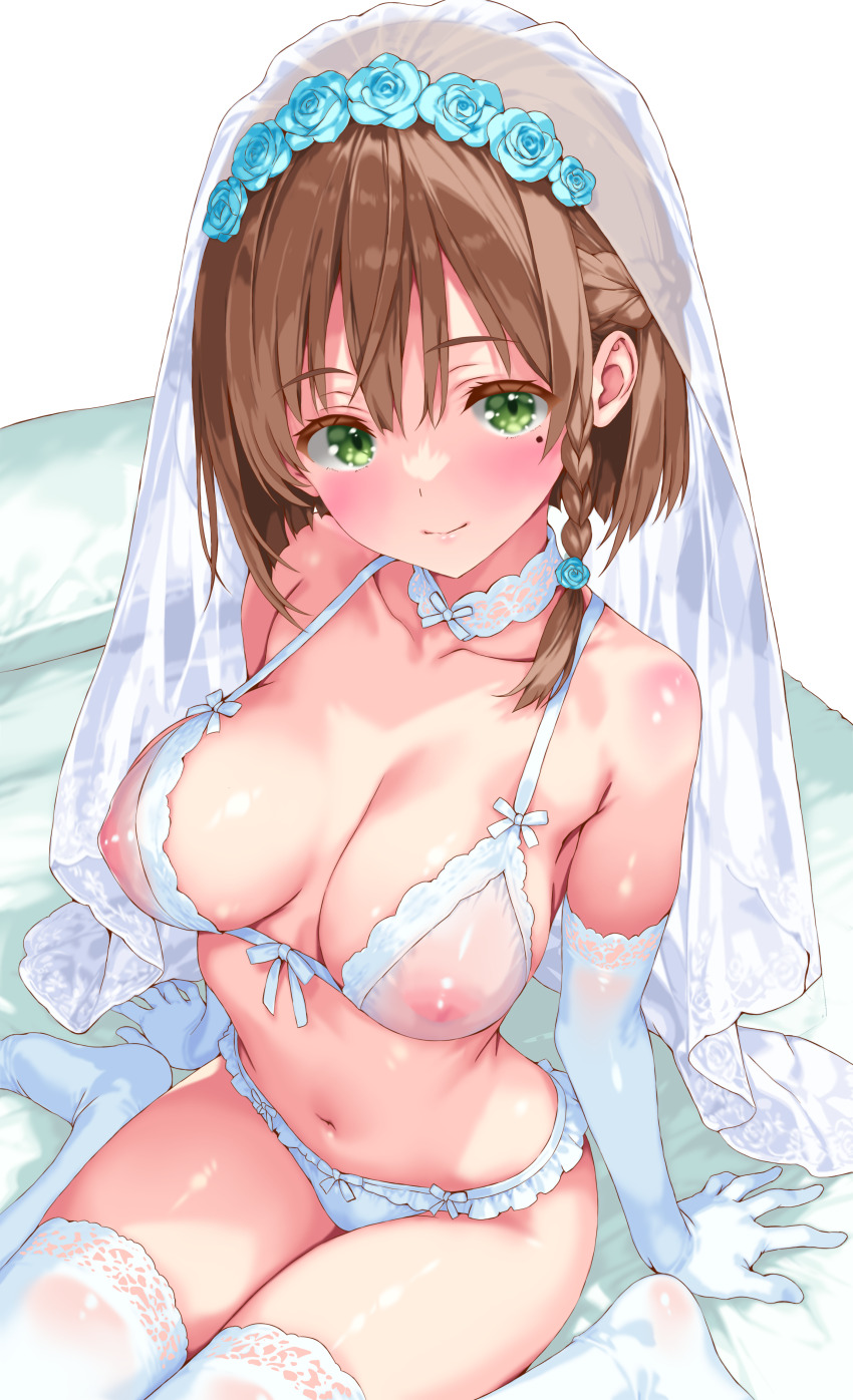 1girl absurdres arm_support blush bra braid braided_sidelock breasts bridal_veil brown_hair choker closed_mouth collarbone commentary_request elbow_gloves front-tie_bra gloves green_eyes highres iwato_(celler) lace lace-trimmed_thighhighs lace_choker lace_trim large_breasts looking_at_viewer mole mole_under_eye navel nipples original panties see-through_bra see-through_clothes shiny_skin short_hair sitting smile solo thighhighs underwear underwear_only veil wariza white_background white_bra white_choker white_gloves white_panties white_thighhighs