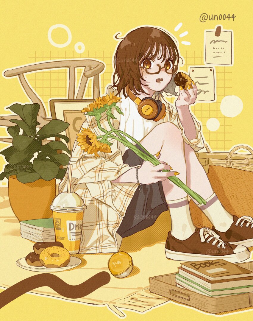 1girl absurdres black_shorts blush book bracelet brown-framed_eyewear brown_hair brown_shoes commentary cup donut drinking_straw flower food full_body glasses grid_background headphones headphones_around_neck highres holding holding_donut holding_flower holding_food jacket jewelry long_sleeves looking_at_viewer nail_polish open_clothes open_jacket open_mouth original outline plaid_clothes plaid_jacket plant plate potted_plant shirt shoes short_hair shorts sitting sneakers socks solo sunflower symbol-only_commentary twitter_username un_(un0044) white_jacket white_outline white_shirt white_socks yellow_background yellow_eyes yellow_flower yellow_nails