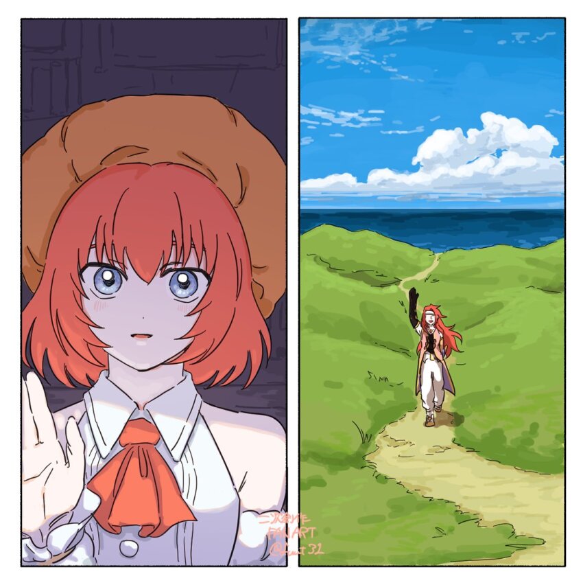 1boy 1girl blue_eyes blue_sky brother_and_sister cloud field grass ocean red_hair seles_wilder shirt siblings sky sleeveless sleeveless_shirt tage_(fuut31) tales_of_(series) tales_of_symphonia waving zelos_wilder