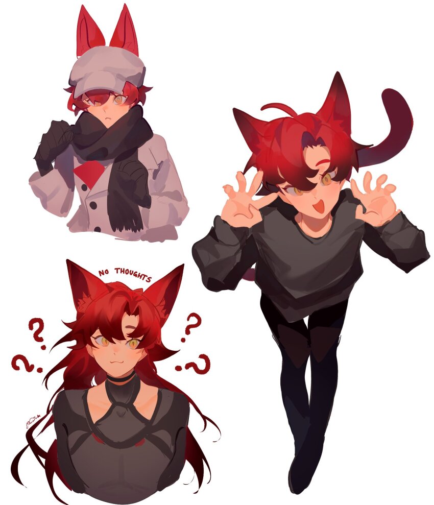 :3 ? ?? ahoge alternate_hair_length alternate_hairstyle androgynous animal_ears beret bishounen black_choker black_gloves black_pants black_scarf blush buttons choker claw_pose clenched_hands commentary cropped_torso english_commentary english_text gloves grey_jacket hands_up hat highres holostars holostars_english jacket leaning_forward long_hair looking_at_viewer machina_x_flayon machina_x_flayon_(1st_costume) machina_x_flayon_(2nd_costume) male_focus mararu multiple_expressions open_mouth orange_eyes pants red_hair scarf short_hair side_part simple_background tail white_background