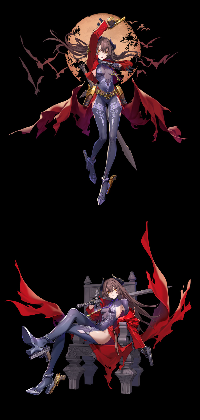 1girl :/ :o absurdres ankle_gun armpit_cutout asymmetrical_dual_wielding bat_(animal) belt black_background black_gloves black_horns black_leotard bodysuit breasts brown_belt brown_hair center_opening closed_mouth clothing_cutout coat cross cross_necklace crossed_legs cz_75 demon_horns dual_wielding floral_print full_body full_moon girls&#039;_frontline gloves golden_gun gun hair_between_eyes half_gloves halloween handgun high_heels highres holding holding_gun holding_sword holding_weapon holster horns huge_moon jewelry leotard long_hair long_sleeves looking_at_viewer medium_breasts moon multiple_views necklace nz75_(girls&#039;_frontline) nz75_(nightstalker_beneath_the_crimson_moon)_(girls&#039;_frontline) official_alternate_costume official_art open_mouth print_bodysuit purple_bodysuit purple_shoes red_coat rose_print shoe_soles shoes sideboob simple_background single_off_shoulder sitting solo sword thigh_cutout throne torn_clothes torn_coat trigger_discipline turtleneck turtleneck_bodysuit v-shaped_eyebrows very_long_hair weapon yellow_eyes yitiao_er-hua