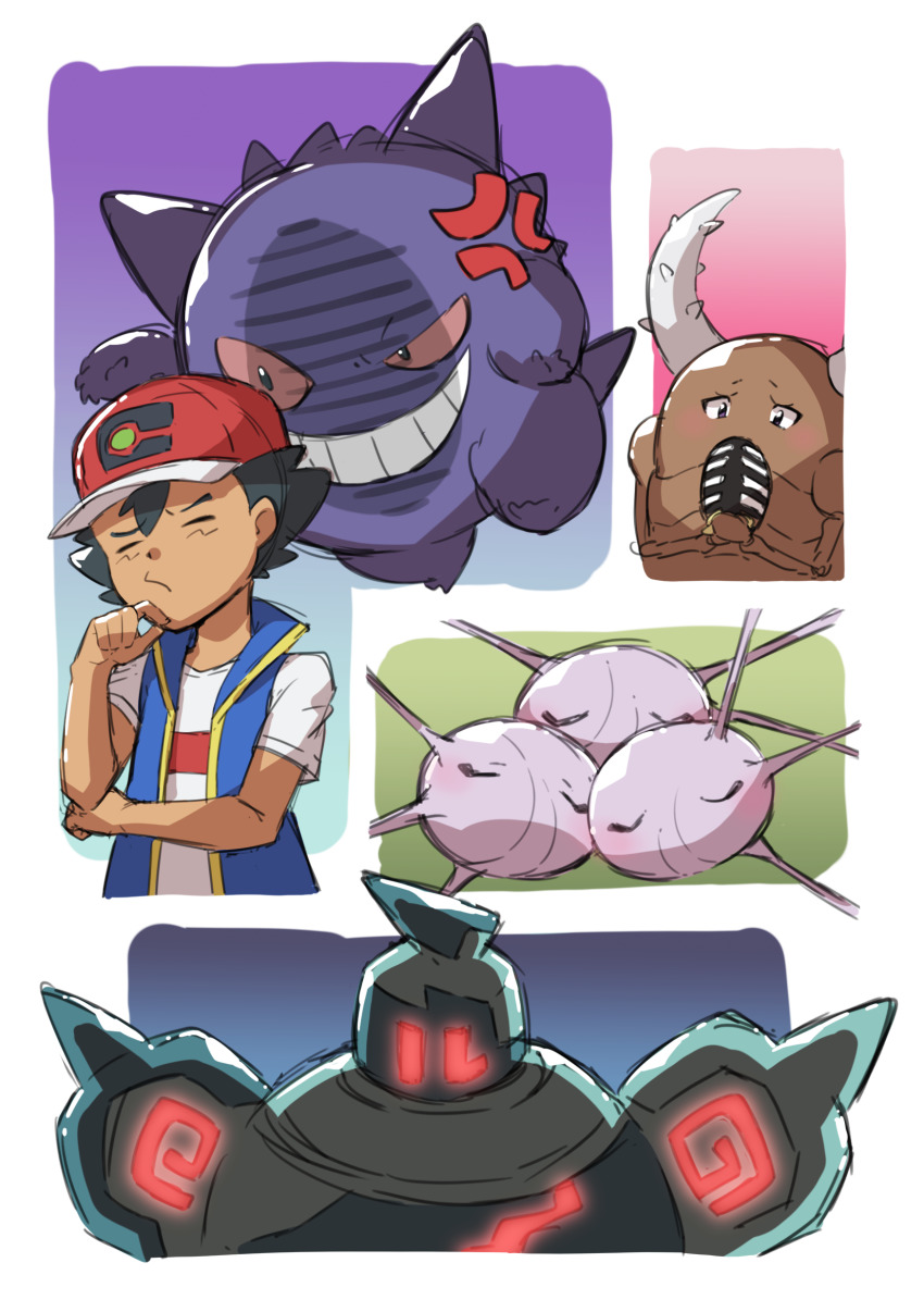 1boy absurdres anger_vein ash_ketchum baseball_cap blush cascoon closed_eyes commentary_request gen_1_pokemon gen_3_pokemon gen_5_pokemon gengar glowing golurk hand_on_own_chin hat highres nintendo pinsir pokemon pokemon_(anime) pokemon_(creature) pokemon_journeys shirt short_hair short_sleeves sleeveless sleeveless_jacket taisa_(lovemokunae) thinking white_shirt