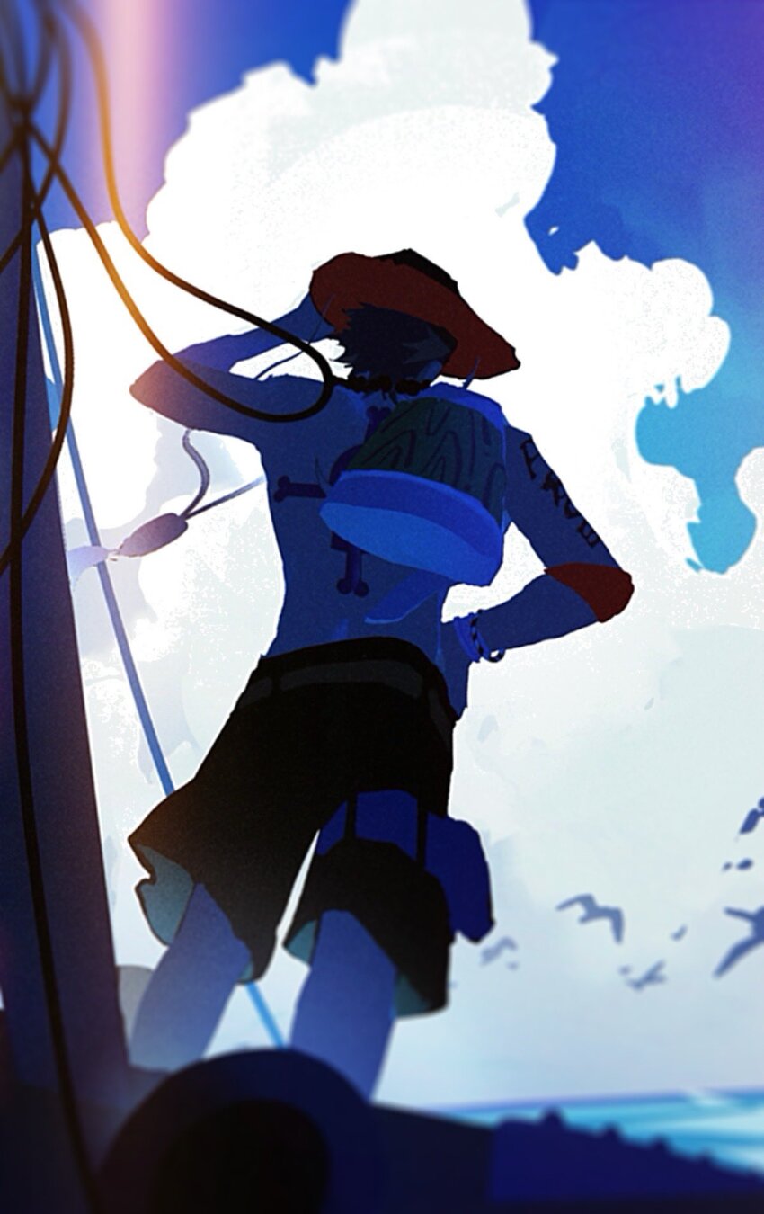 1boy arm_tattoo back_tattoo bird black_hair black_shorts blue_sky bracelet cloud cloudy_sky feet_out_of_frame from_behind hand_on_own_hip hat highres jewelry male_focus ocean one_piece onecata11 outdoors portgas_d._ace short_hair shorts sky solo standing tattoo topless_male