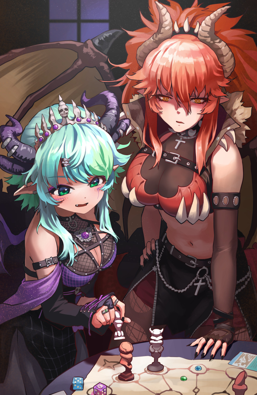 2girls apricot_the_lich apricot_the_lich_(1st_costume) black_nails breasts cleavage commission dice dragon_wings elbow_gloves fang fingerless_gloves fingernails gloves green_eyes green_hair highres horns jewelry large_breasts medium_breasts melaton multiple_girls nail_polish navel orange_eyes pointy_ears red_hair ring see-through_clothes see-through_cleavage single_elbow_glove single_fingerless_glove skeb_commission virtual_youtuber vshojo wings zentreya zentreya_(dragon) zentreya_(dragon)_(1st_costume)