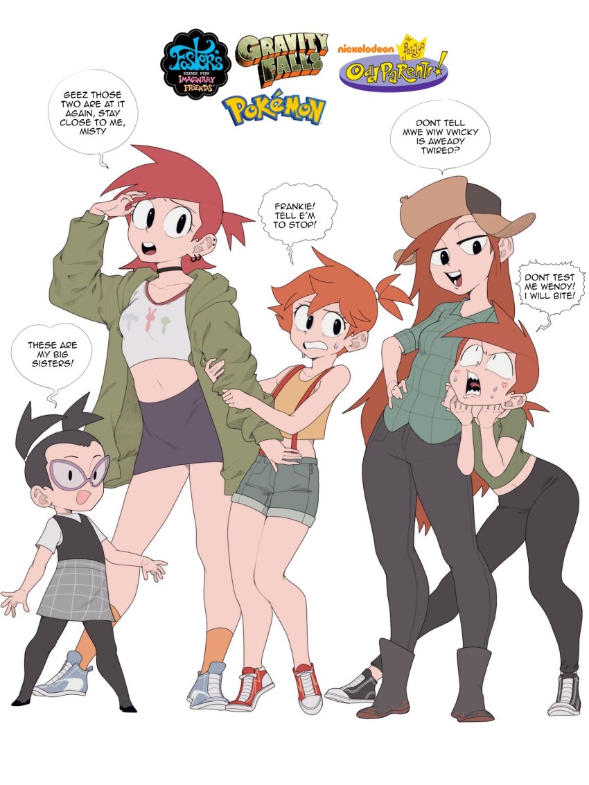 5girls black_eyes black_hair black_pants blue_shorts boots clenched_teeth copyright_name crossover english_text foster&#039;s_home_for_imaginary_friends frankie_foster full_body glasses gravity_falls green_jacket high_ponytail highres jacket misty_(pokemon) mrfishcorpse multiple_crossover multiple_girls nintendo open_mouth orange_hair pants pantyhose pokemon pokemon_(anime) pokemon_(classic_anime) ponytail purple_skirt red_hair shirt shoes short_ponytail shorts siblings side_ponytail simple_background sisters skirt smile speech_bubble standing suspenders sweatdrop teeth the_fairly_oddparents tootie vicky_(fairly_oddparents) wendy_corduroy white_background white_shirt yellow_shirt