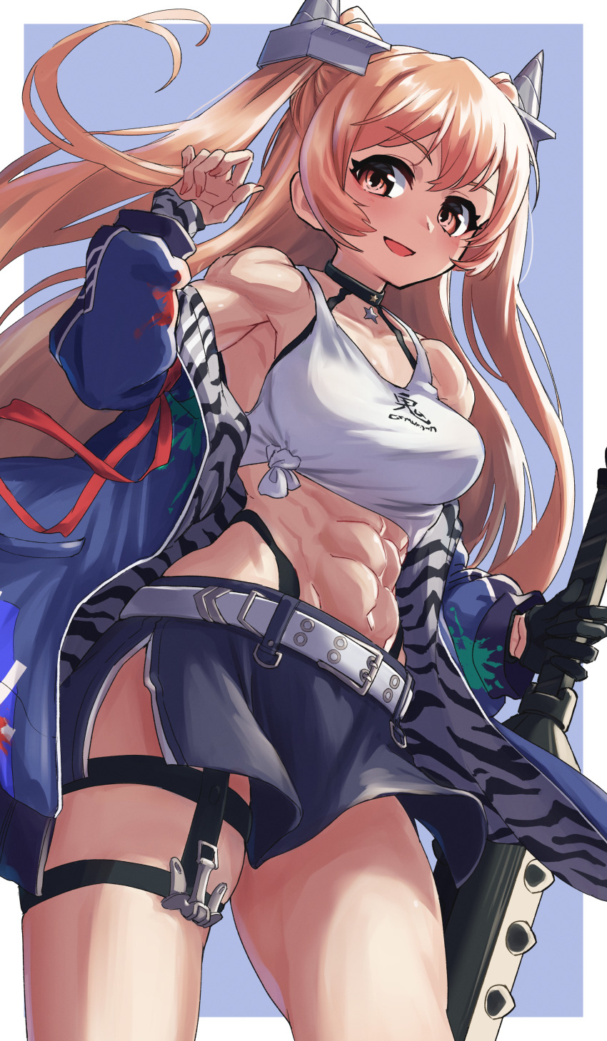 1girl abs absurdres belt black_gloves black_skirt brown_eyes brown_hair club club_(weapon) commission fake_horns gloves highres holding holding_club holding_weapon horns johnston_(kancolle) johnston_(setsubun)_(kancolle) kamomasaki kanabou kantai_collection long_hair midriff miniskirt navel official_alternate_costume pencil_skirt pixiv_commission setsubun single_glove skirt solo spiked_club tank_top tied_tank_top two_side_up very_long_hair weapon white_belt white_tank_top