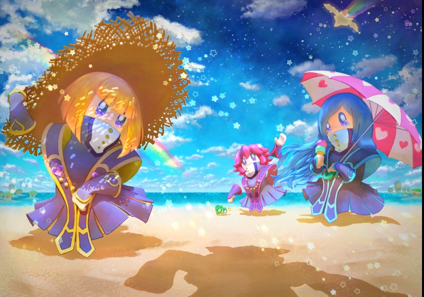 3girls beach beach_umbrella blonde_hair blue_eyes blue_hair blue_sky day dragoon_(kirby) flamberge_(kirby) flying francisca_(kirby) hat heart heart_print horseshoe_crab island kirby kirby:_star_allies kirby_(series) looking_at_viewer multiple_girls nintendo ocean official_art rainbow rayman_limbs red_hair sand shadow shawl sky star_(symbol) straw_hat umbrella water waving zan_partizanne