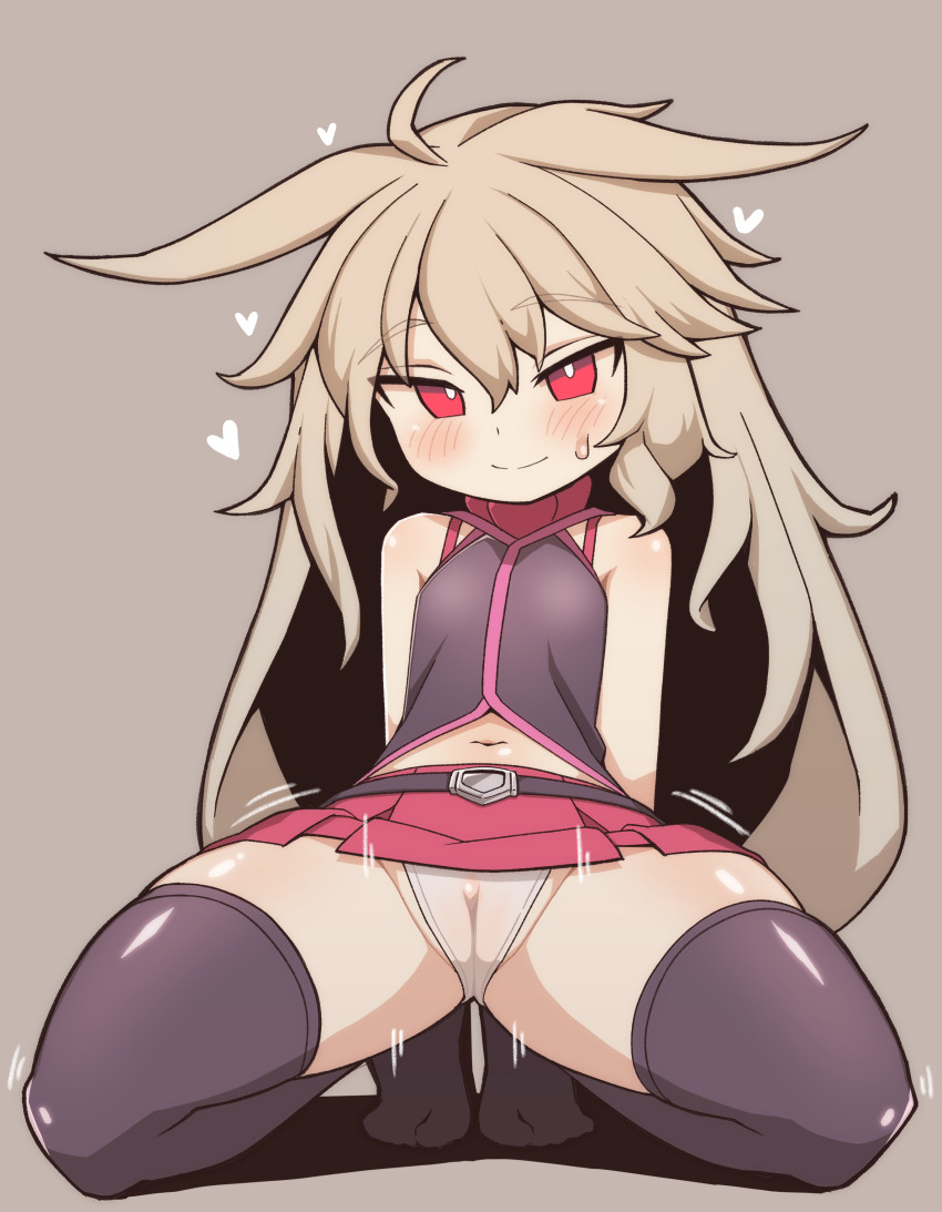 1girl absurdres ahoge arms_behind_back bare_shoulders belt blush bori_(3910234) bright_pupils cameltoe clitoris closed_mouth eyes_visible_through_hair flat_chest full_body grey_background hair_between_eyes hair_flaps heart highres light_brown_hair long_hair looking_at_viewer miniskirt motion_lines navel panties pink_skirt pleated_skirt purple_belt purple_shirt purple_thighhighs rabi_(sequel_series) rabi_alnea red_eyes see-through_clothes sequel_(series) sequel_blight shadow shirt simple_background skindentation skirt sleeveless sleeveless_shirt smile solo split_mouth spread_legs squatting thick_thighs thighhighs thighs tsurime underwear very_long_hair white_panties white_pupils