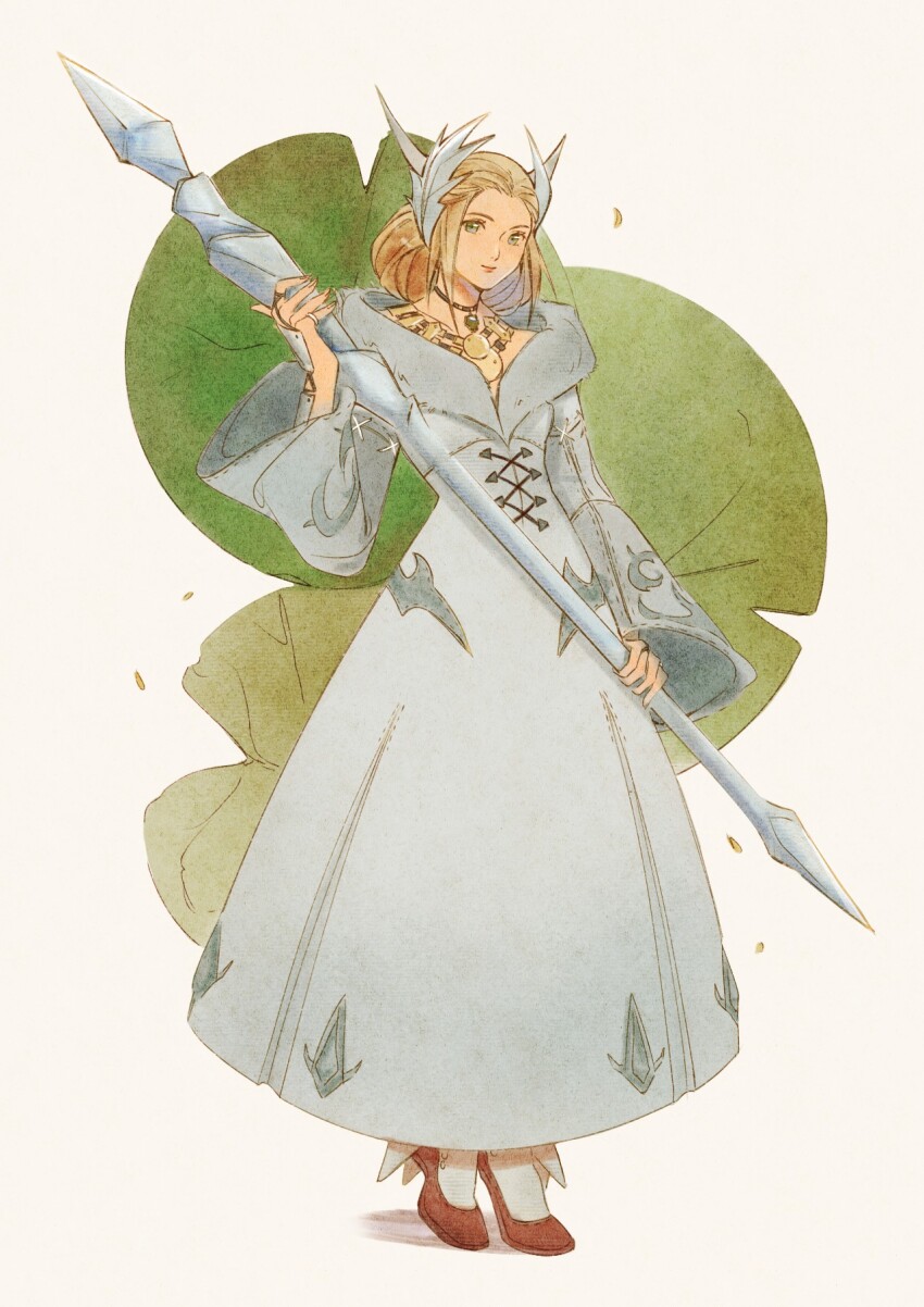 1girl blonde_hair brown_footwear closed_mouth dress final_fantasy final_fantasy_xiv full_body fur-trimmed_dress fur_trim highres holding holding_staff horns jewelry kan-e-senna leaf light_smile long_dress long_sleeves looking_at_viewer mmariesr multiple_necklaces parted_bangs pendant_choker ring sidelocks solo staff standing white_dress wide_sleeves