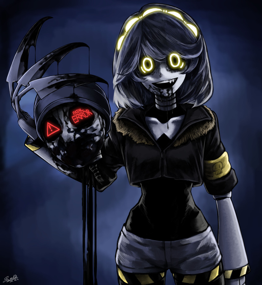 1girl absurdres android arm_at_side armband black_blood black_jacket black_shirt blood blood_from_mouth blood_on_hands blue_helmet claws collared_jacket colored_skin cowboy_shot cropped_jacket dark dated blood_drip error_message fangs fewer_digits fur-trimmed_jacket fur_trim glowing glowing_eyes grey_hair grey_shorts grey_skin hand_up helmet highres holding holding_detached_head jacket looking_at_viewer m4skedboi medium_hair murder_drones o_o open_mouth severed_head shirt short_shorts short_sleeves shorts sign signature smile solo_focus standing straight-on teeth upper_teeth_only v_(murder_drones) warning_sign yellow_armband yellow_eyes