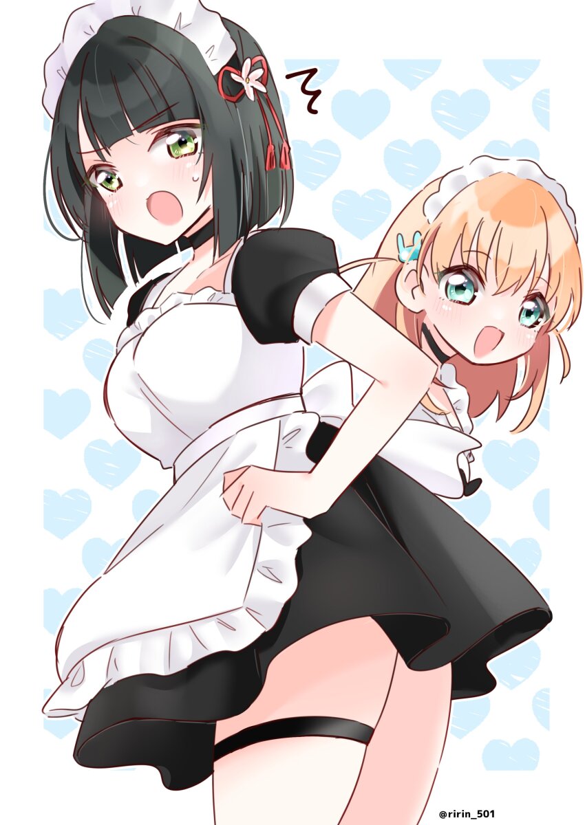 2girls :d ^^^ absurdres alternate_costume aqua_eyes black_choker black_dress black_hair blue_background blunt_bangs blunt_ends blush bob_cut border breasts cerise_bouquet choker collarbone commentary cowboy_shot dress enmaided flower flower_knot from_behind green_eyes hair_flower hair_ornament heart heart_background highres hinoshita_kaho inverted_bob large_breasts link!_like!_love_live! looking_at_viewer love_live! maid maid_headdress medium_hair momose_ginko multiple_girls open_mouth orange_hair outside_border pink_flower puffy_short_sleeves puffy_sleeves rabbit_hair_ornament ririn_(ririn_501) short_dress short_hair short_sleeves smile thick_thighs thighs twitter_username two_side_up virtual_youtuber white_border
