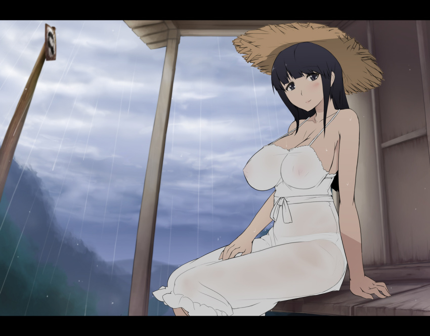 1girl 2channel abubu black_eyes black_hair blush breasts bus_stop covered_erect_nipples dress female_focus hasshaku-sama hat large_breasts long_hair looking_at_viewer nipples no_bra panties rain see-through_clothes sitting smile solo strap_gap sun_hat sundress underwear wet