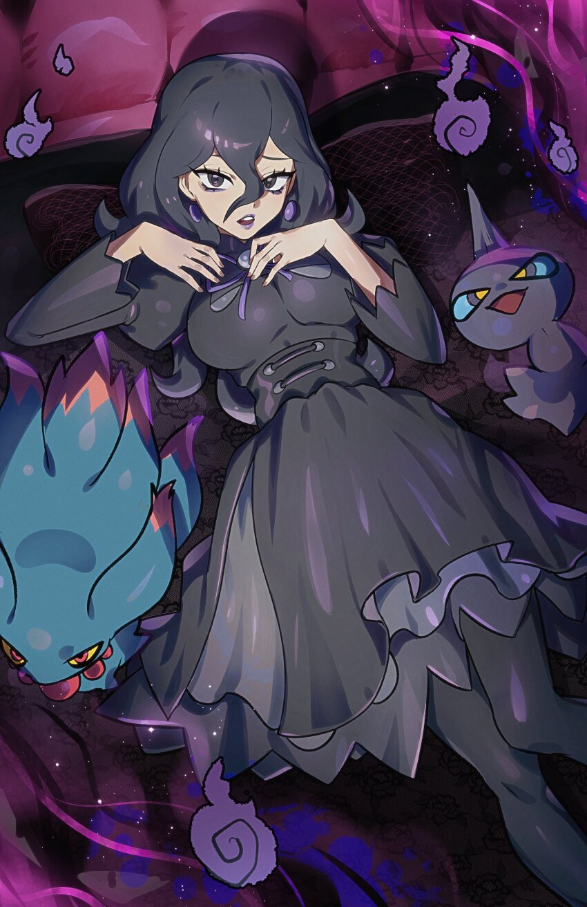 1girl absurdres black_dress black_hair dress gen_2_pokemon gen_3_pokemon hair_between_eyes hex_maniac_(pokemon_legends:_z-a) highres lipstick looking_at_viewer lying makeup misdreavus nail_polish nintendo open_mouth pantyhose pokemon pokemon_(creature) pokemon_legends:_z-a ryairyai shuppet solo