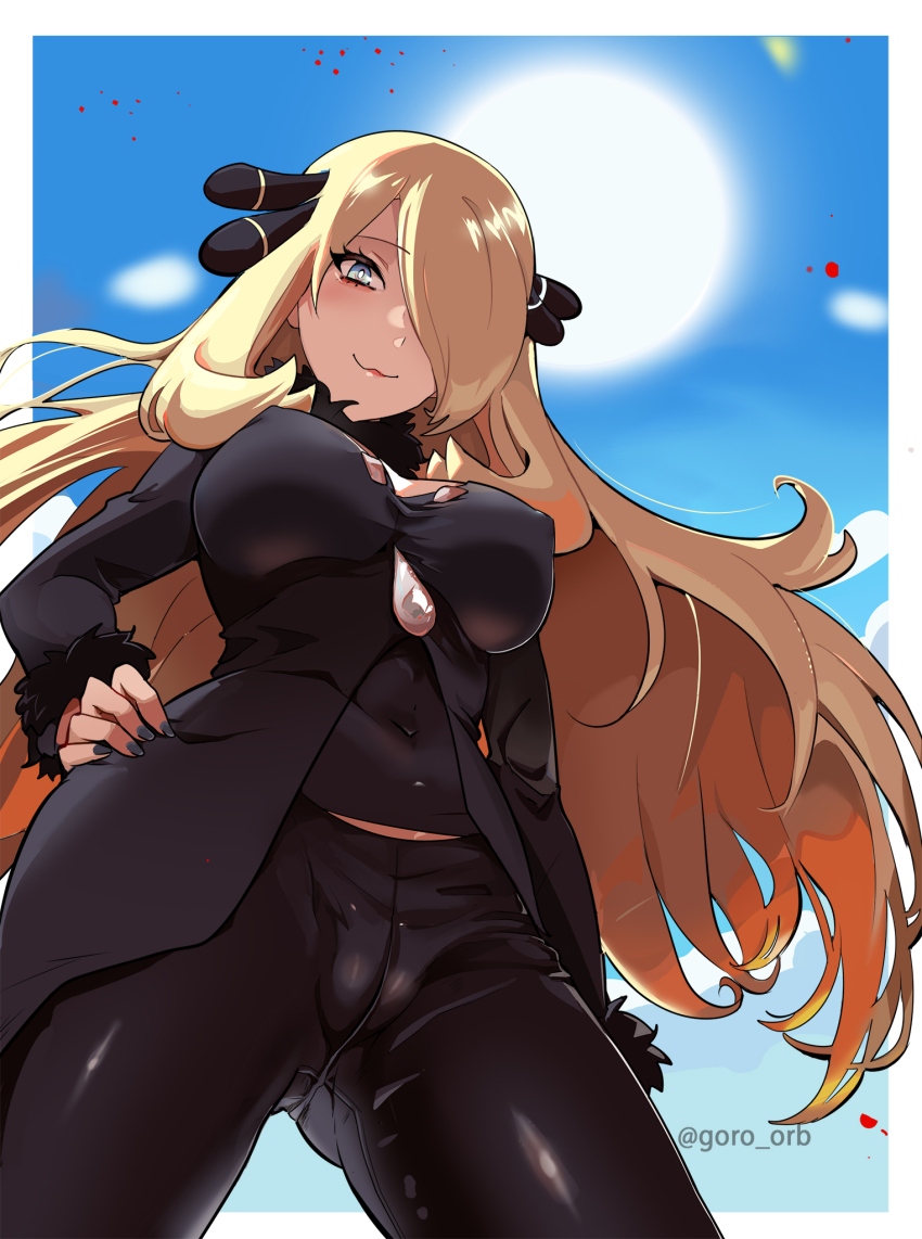 1girl black_coat black_nails black_pants blonde_hair blue_sky border breasts bright_pupils cameltoe closed_mouth coat commentary covered_erect_nipples covered_navel cynthia_(pokemon) eyelashes floating_hair from_below fur-trimmed_coat fur_trim goro_orb grey_eyes hair_ornament hair_over_one_eye hand_on_own_hip highres large_breasts long_hair looking_at_viewer looking_down nail_polish nintendo outdoors pants pokemon pokemon_dppt sky smile solo sunlight taut_clothes twitter_username very_long_hair watermark white_border white_pupils